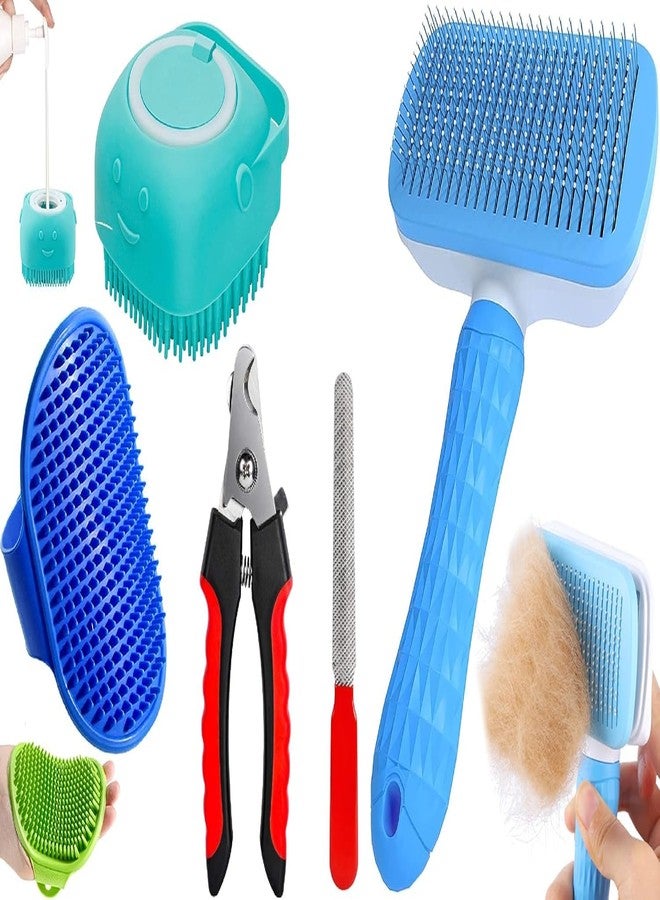 KittuPet 4 in 1 pet grooming kit dog brush cat comb silicone bath scrubber nail clipper file self cleaning hair remover shedding tool fur care detangler pet bath accessories for dogs cats long short hair - Image 1